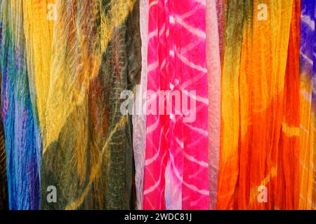 Coloured silk scarves, street market, Jaisalmer, Rajasthan, India Stock Photo