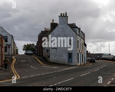 View of a street corner with historic buildings on a cloudy day, Stornoway. Isle of Harris & Lewis. Outer Hebrides. Scotland, Great Britain Stock Photo