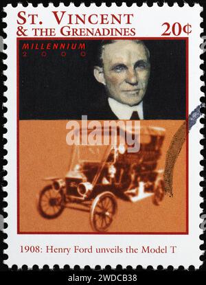 Henry Ford and Model T of 1948 on postage stamp Stock Photo