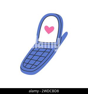 Cute retro mobile phone and love message in a flat style. Valentine's day doodle vector illustration. Good for stickers, tags, clipart. Groovy style Stock Vector