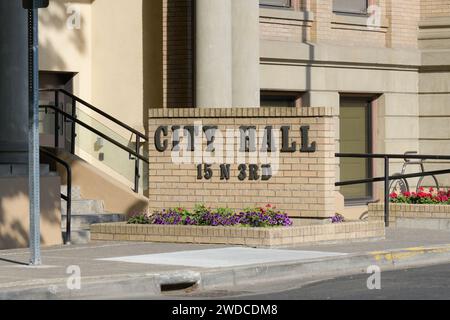 Walla Walla, WA, USA - May 25, 2023; Sign and street address at Walla Walla City Hall Stock Photo