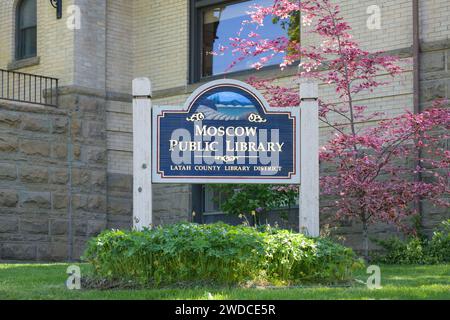 Moscow, ID, USA - May 23, 2023; Sign for Moscow Public Library in Latah County library district Idaho Stock Photo