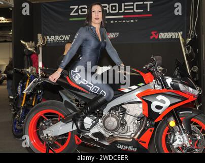Verona, Italy. 19th Jan, 2024. Motorcycles, helmets, accessories and models; many visitors to the first day of the Verona Motorbike Expo in its sixteenth edition Credit: Independent Photo Agency/Alamy Live News Stock Photo