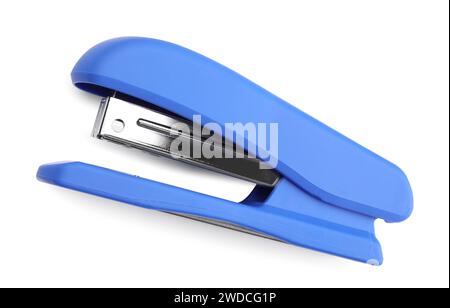 One blue stapler isolated on white, top view Stock Photo