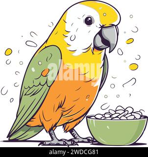 Parrot with bowl of cereals. Vector illustration in cartoon style. Stock Vector