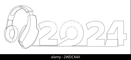 One continuous line of Headset and number 2024. Thin Line Illustration vector concept. Contour Drawing Creative ideas. Stock Vector