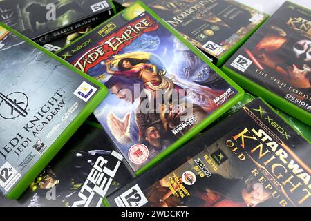 Xbox original video games on white background – Wales, UK  –  19 January 2024 Stock Photo