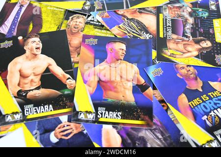 Close up of AEW cards by Upper Deck  – Wales, UK  –  19 January 2024 Stock Photo