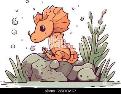 Cute cartoon seahorse sitting on the rock. Vector illustration Stock Vector