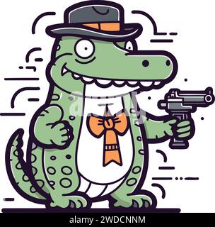 Cartoon crocodile gangster holding a gun. Vector illustration. Stock Vector