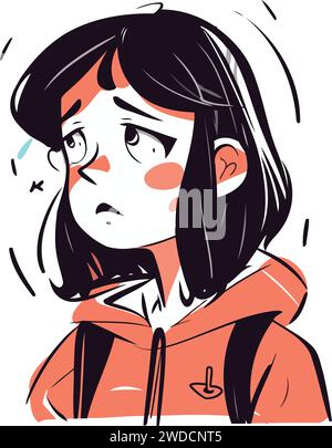 Vector illustration of a girl in a hoodie. The girl is sad. Stock Vector