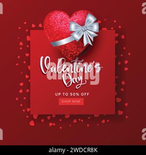 Happy Valentines Day banner with 3d red heart on red background. Gift card, invitation voucher design. abstract vector illustration Stock Vector