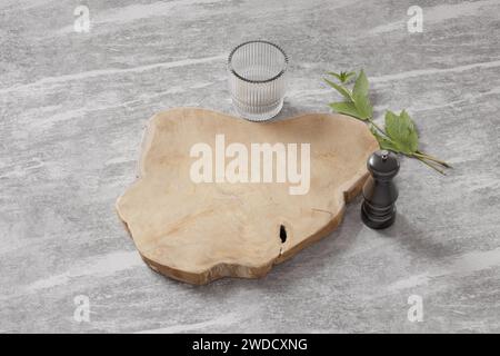 Cutting board on a wooden table. Culinary background. Empty wooden cutting board, product display space. Stock Photo