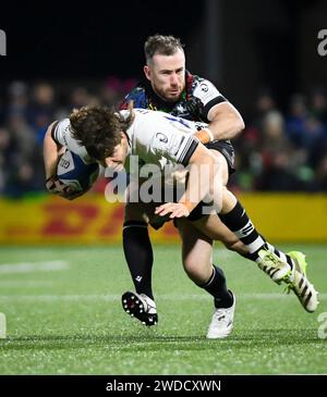 Galway, Ireland. 19th Jan, 2024. Benhard Janse van Rensburg is tackled during the first half of the Investec Champions Cup round 4 match between Connacht and the Bristol Bears at Dexcom Stadium in Galway Credit: Don Soules/Alamy Live News Stock Photo