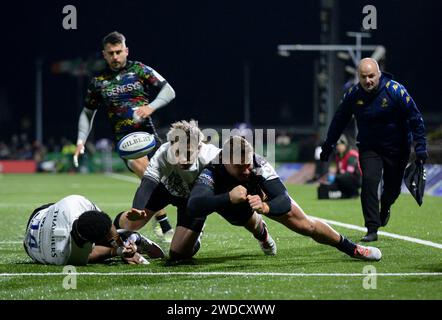 Galway, Ireland. 19th Jan, 2024. Shane Bolton of Connacht loses possession near the try line while under pressure from Bristol's Kalaveti Ravouvou and AJ MacGinty Credit: Don Soules/Alamy Live News Stock Photo