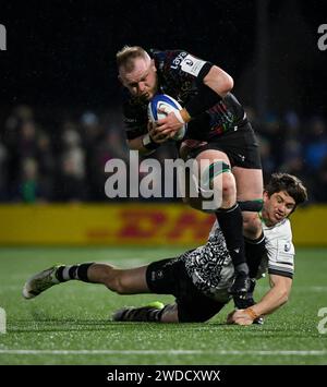 Galway, Ireland. 19th Jan, 2024. Connacht's Joe Joyce attempts to break from a tackle by Benhard Janse van Rensburg Credit: Don Soules/Alamy Live News Stock Photo