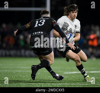 Galway, Ireland. 19th Jan, 2024. Benhard Janse van Rensburg under pressure from Connacht's David Hawkshaw during the Investec Champions Cup round 4 match between Connacht and the Bristol Bears at Dexcom Stadium in Galway Credit: Don Soules/Alamy Live News Stock Photo