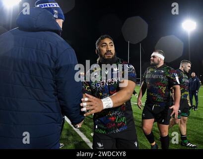 Galway, Ireland. 19th Jan, 2024. Connacht's Bundee Aki at the conclusion of the Investec Champions Cup round 4 match between Connacht and the Bristol Bears at Dexcom Stadium in Galway Credit: Don Soules/Alamy Live News Stock Photo