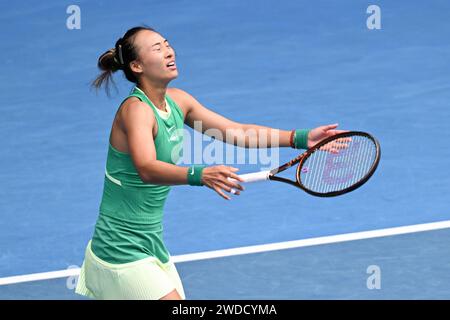 Melbourne, Australia. 20th Jan, 2024. 12th seed QINWEN ZHENG of China celebrates after defeating YAFAN WANG of China on Rod Laver Arena in a Women's Singles 3rd round match on day 7 of the 2024 Australian Open in Melbourne, Australia. Sydney Low/Cal Sport Media/Alamy Live News Stock Photo