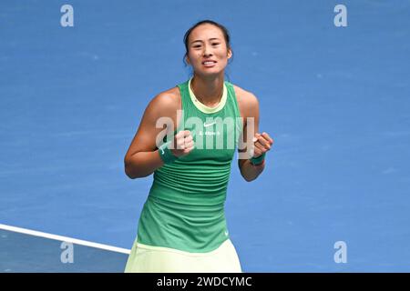 Melbourne, Australia. 20th Jan, 2024. 12th seed QINWEN ZHENG of China celebrates after defeating YAFAN WANG of China on Rod Laver Arena in a Women's Singles 3rd round match on day 7 of the 2024 Australian Open in Melbourne, Australia. Sydney Low/Cal Sport Media/Alamy Live News Stock Photo