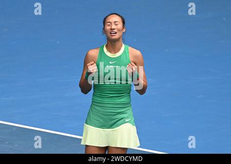 Melbourne, Australia. 20th Jan, 2024. 12th seed QINWEN ZHENG of China celebrates after defeating YAFAN WANG of China on Rod Laver Arena in a Women's Singles 3rd round match on day 7 of the 2024 Australian Open in Melbourne, Australia. Sydney Low/Cal Sport Media/Alamy Live News Stock Photo