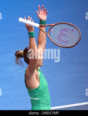 Melbourne, Australia. 20th Jan, 2024. 12th seed QINWEN ZHENG of China celebrates after defeating YAFAN WANG of China on Rod Laver Arena in a Women's Singles 3rd round match on day 7 of the 2024 Australian Open in Melbourne, Australia. Sydney Low/Cal Sport Media/Alamy Live News Stock Photo