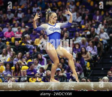 Baton Rouge, LA, USA. 19th Jan, 2024. Kentucky's Raena Worley competes on the balance beam during the NCAA woman's gymnastics meet between the Kentucky Wildcats and the LSU Tigers at the Pete Maravich Assembly Center in Baton Rouge, LA. Kyle Okita/CSM (Credit Image: © Kyle Okita/Cal Sport Media). Credit: csm/Alamy Live News Stock Photo