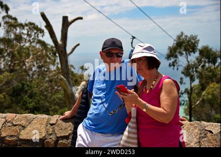 Senior couple standing on the viewpoint and using mobile phone Stock Photo