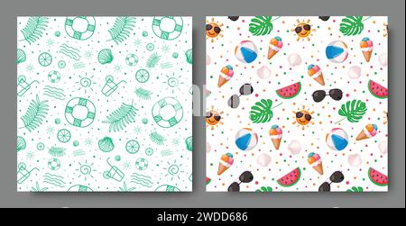 Summer seamless pattern vector set design. Summer endless pattern with handrawn sun, ice cream, beachball, life buoy and leaves decoration elements. Stock Vector