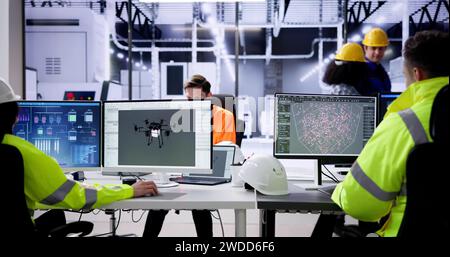Engineer Doing 3D CAD Model Design On Computer At Factory Stock Photo