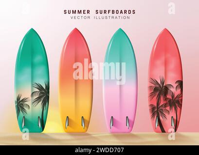 Summer surfboard elements vector set design. Surfboards in pastel color collection with palm tree decoration for vacation surfing activity. Vector Stock Vector