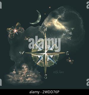 Golden compass on a dark background. Peace, symbolism. Navigation, cardinal directions Golden compass on a dark background. Peace, symbolism. Navigati Stock Photo
