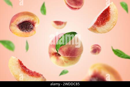 peach with slice isolated white background Stock Photo