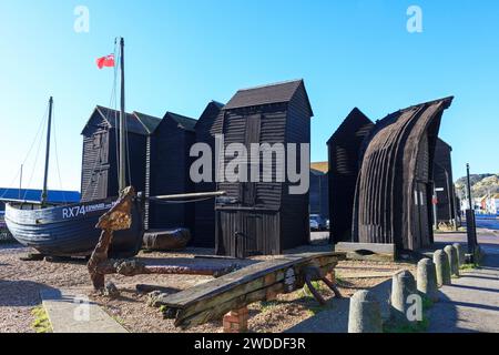 Hastings net huts, traditional fishermen's net huts on the Old Town Stade, Rock-a-Nore, East Sussex, UK Stock Photo