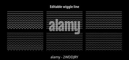 Editable wiggle lines. Set of wavy curves and zigzag intersecting horizontal strokes. Transition from a straight line to a wavy one. Geometric design Stock Vector