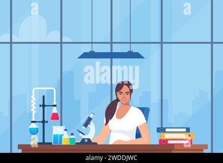 Scientist in chemistry laboratory working on research and exploration. Flasks, vials, test tubes with substance. Lab research, testing, studies in che Stock Vector