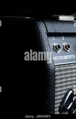 Detail of Guitar amplifier.controls, power, speaker. Stock Photo