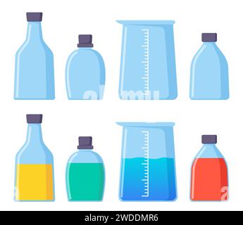 Transparent glassware with chemical reagents. Laboratory test tubes. Medical scientific research. Experiment equipment. Lab measuring beaker. Bottle, Stock Vector