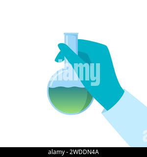 Chemical flask in hand. Gloved hand holding a flask. Liquid in vial. Concept of vaccine, chemical experiments, medical research, science achievement. Stock Vector