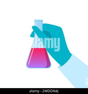 Chemical flask in hand. Gloved hand holding a flask. Liquid in vial. Concept of vaccine, chemical experiments, medical research, science achievement. Stock Vector