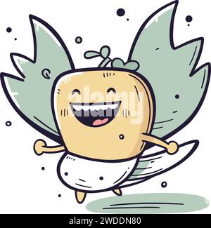 Vector illustration of a cute apple character running with wings and smiling. Stock Vector