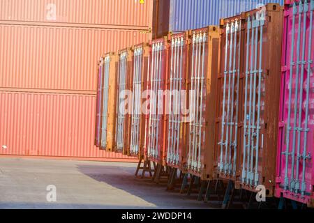 container wall Multi-colored containers isolated on white Container warehouses lined up in rows Containers for automotive or sea transport Stock Photo