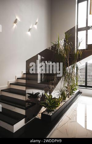 Collage of modern architectural photos featuring staircase, glass ceiling and wall. Grunge interior composition on the subject of urban environment, m Stock Photo