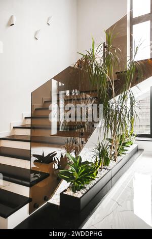 Collage of modern architectural photos featuring staircase, glass ceiling and wall. Grunge interior composition on the subject of urban environment, m Stock Photo