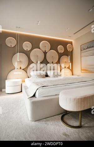 big creamy bed modern home style. bedroom interior Stock Photo
