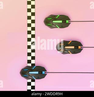 Metaphor of a sports race among computer mouses approaching the checkered finish line. The concept of eSports, high-speed hardware, Internet connection and online competitions Stock Photo