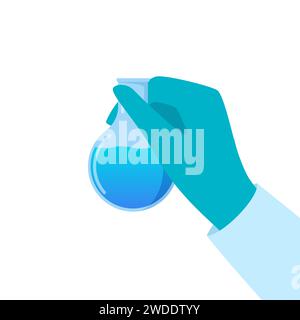 Chemical flask in hand. Gloved hand holding a flask. Liquid in vial. Concept of vaccine, chemical experiments, medical research, science achievement. Stock Vector