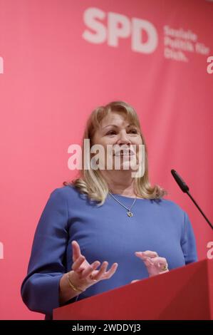 Frankenberg, Germany. 20th Jan, 2024. Petra Köpping, top candidate of the Saxon SPD for the upcoming state elections, speaks before the election for the number one position on the list. Delegates vote on the state list at the state election conference. Credit: Sebastian Willnow/dpa/Alamy Live News Stock Photo