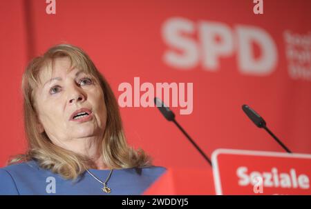 Frankenberg, Germany. 20th Jan, 2024. Petra Köpping, top candidate of the Saxon SPD for the upcoming state elections, speaks before the election for the number one position on the list. Delegates vote on the state list at the state election conference. Credit: Sebastian Willnow/dpa/Alamy Live News Stock Photo