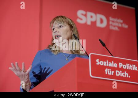 Frankenberg, Germany. 20th Jan, 2024. Petra Köpping, top candidate of the Saxon SPD for the upcoming state elections, speaks before the election for the number one position on the list. Delegates vote on the state list at the state election conference. Credit: Sebastian Willnow/dpa/Alamy Live News Stock Photo